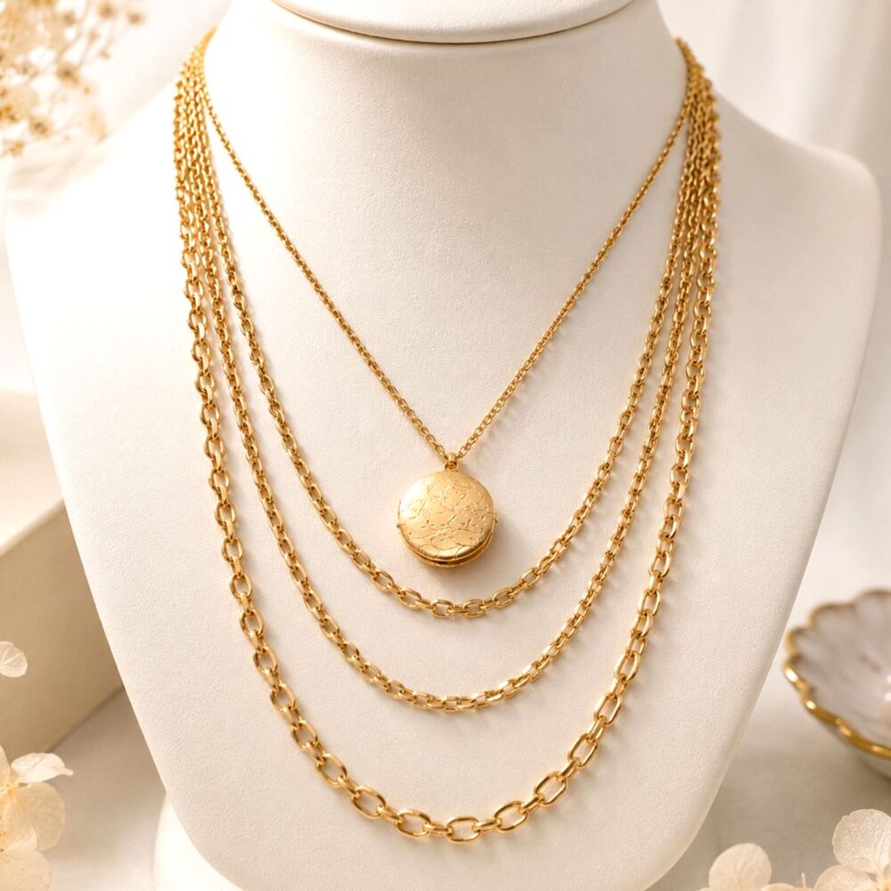 Vintage Gold Tone Multi Chain Floral Locket Necklace